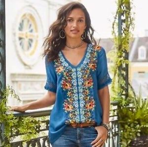 GORGEOUS Sundance Silky Soft Teal Floral Embroidered Top, Size L 🏵️🌼🪷
